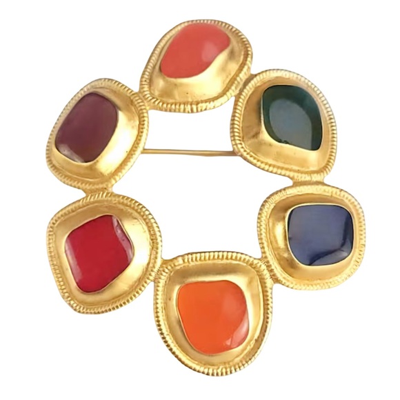 Anne Klein Jewelry - Vintage 90s Anne Klein Byzantine Jewels Brooch Multicolored Glass In Goldtone